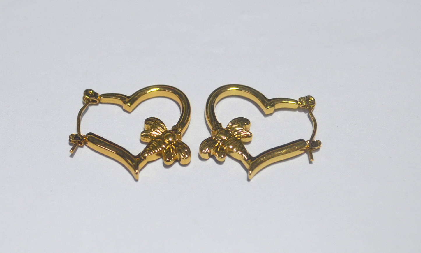 Elegant Gold Heart-Shaped Earrings with Butterfly Detailing - Anti Tarnish Earrings