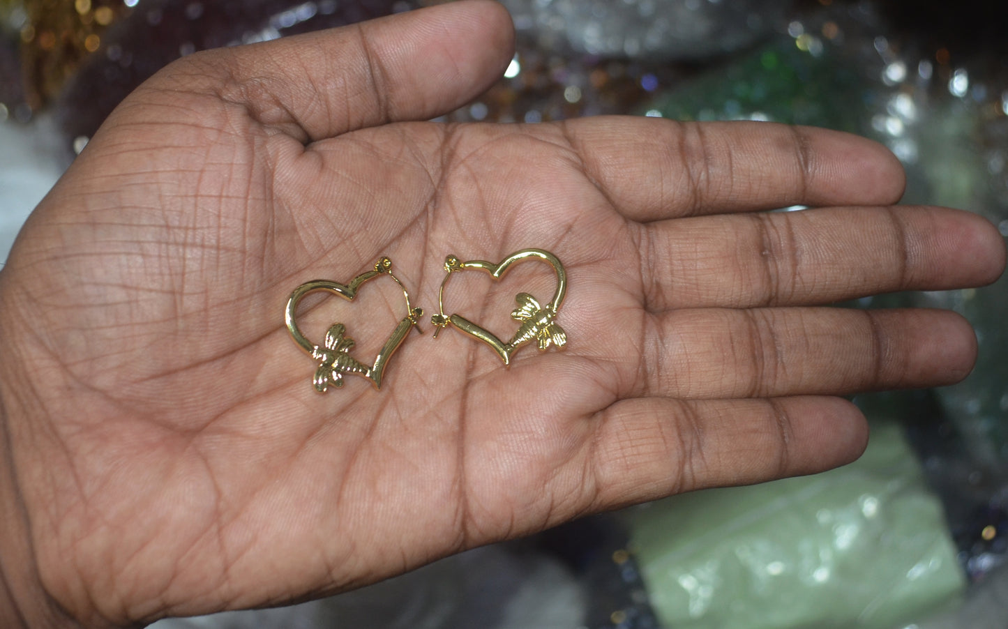 Elegant Gold Heart-Shaped Earrings with Butterfly Detailing - Anti Tarnish Earrings