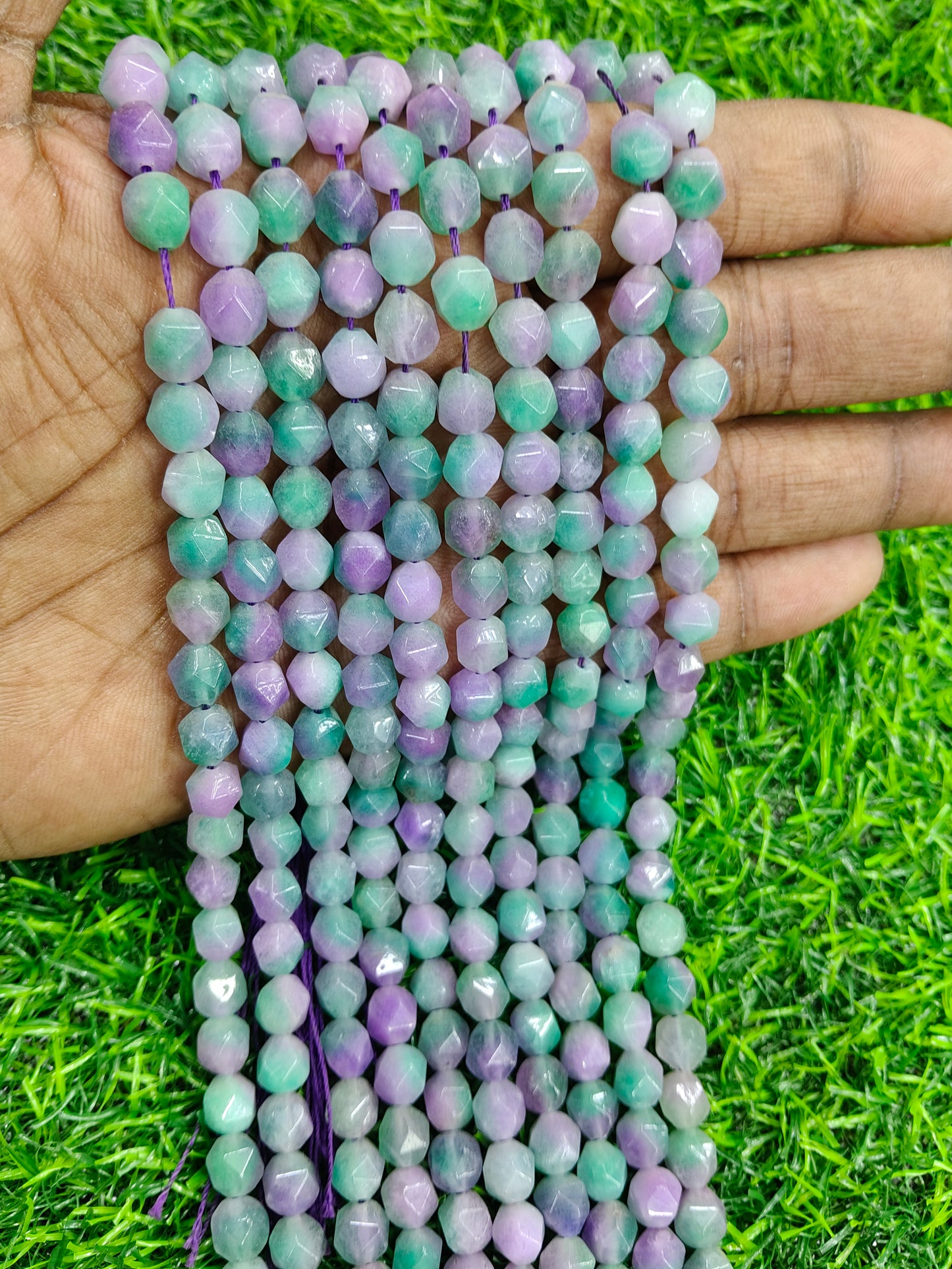 Premium 10mm Faceted Roundel Onyx Beads - Green, Purple & Lilac Bi-Color Mix (Approx. 38 Pcs/String)