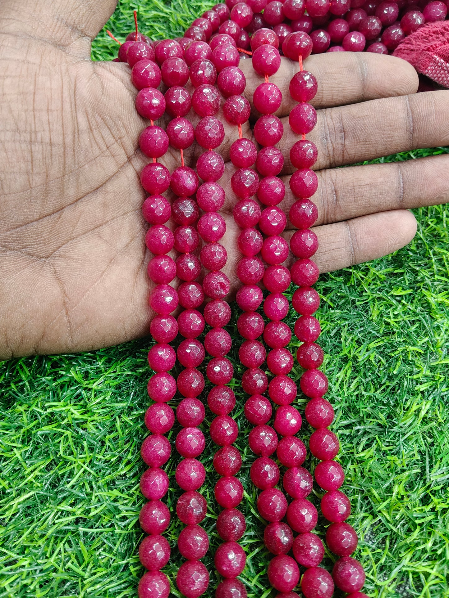 Natural Faceted Deep Raspberry Red Onyx Beads – Round Stone for Jewelry Making (Approx. 38 Pcs/String)