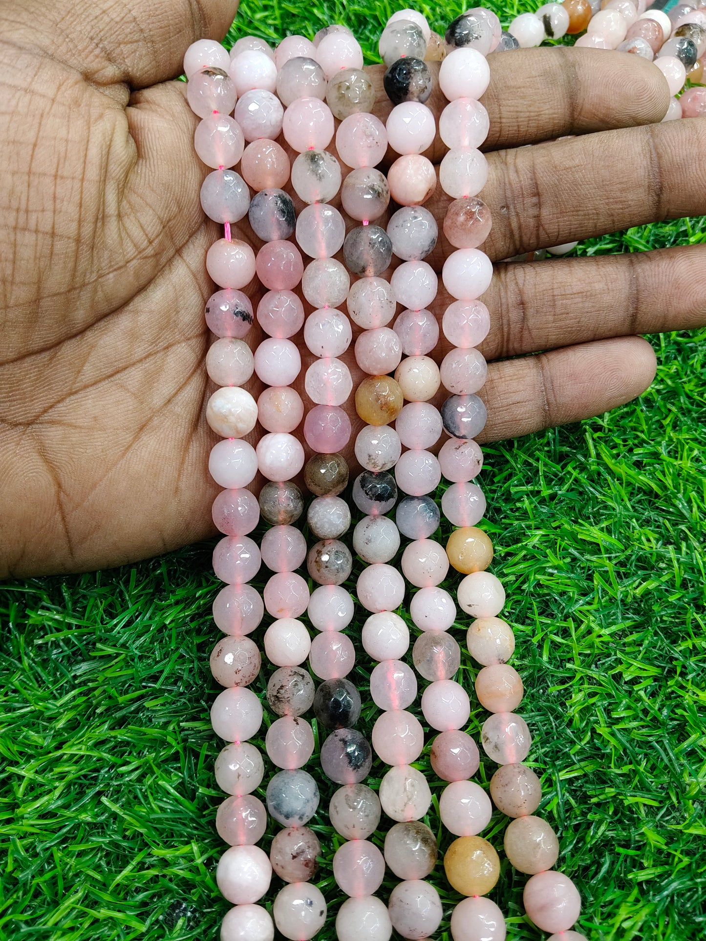 Natural Rose Quartz Pink Agate Onyx Faceted Round Beads with Inclusions (Approx. 38 Pcs/String)