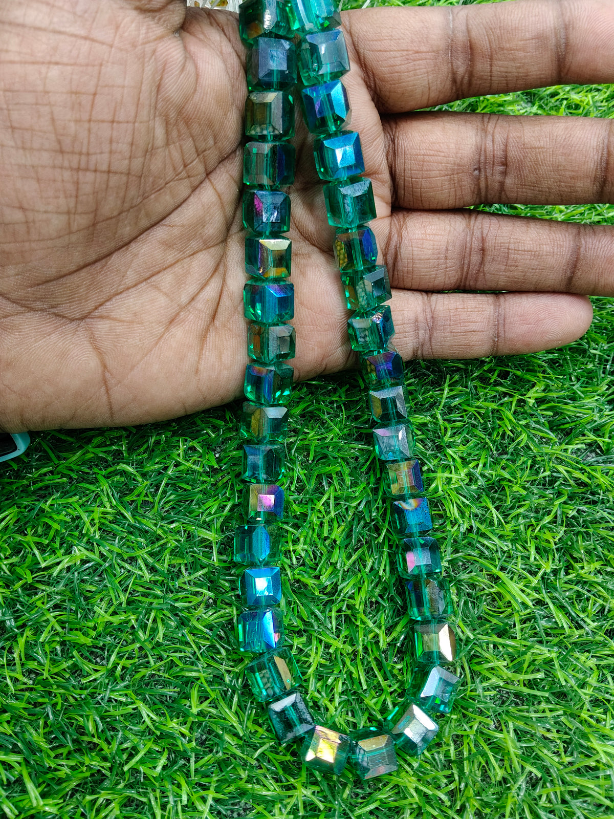 Crystal Cube 10 mm Beads - Emerald Green AB Glass Comes in Single String