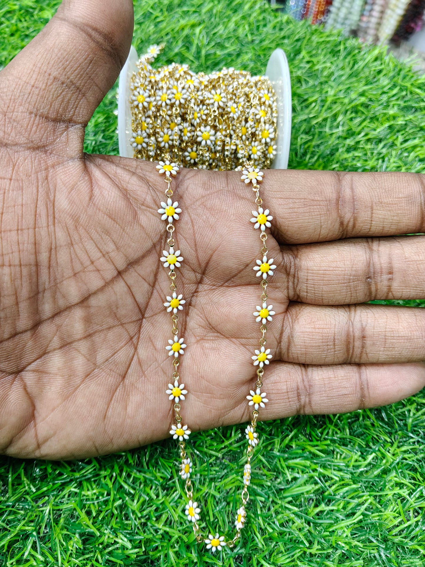 Gold-Tone Anti-Tarnish Copper Daisy Enamel Chain | 1 Meter Continuous Flower Design