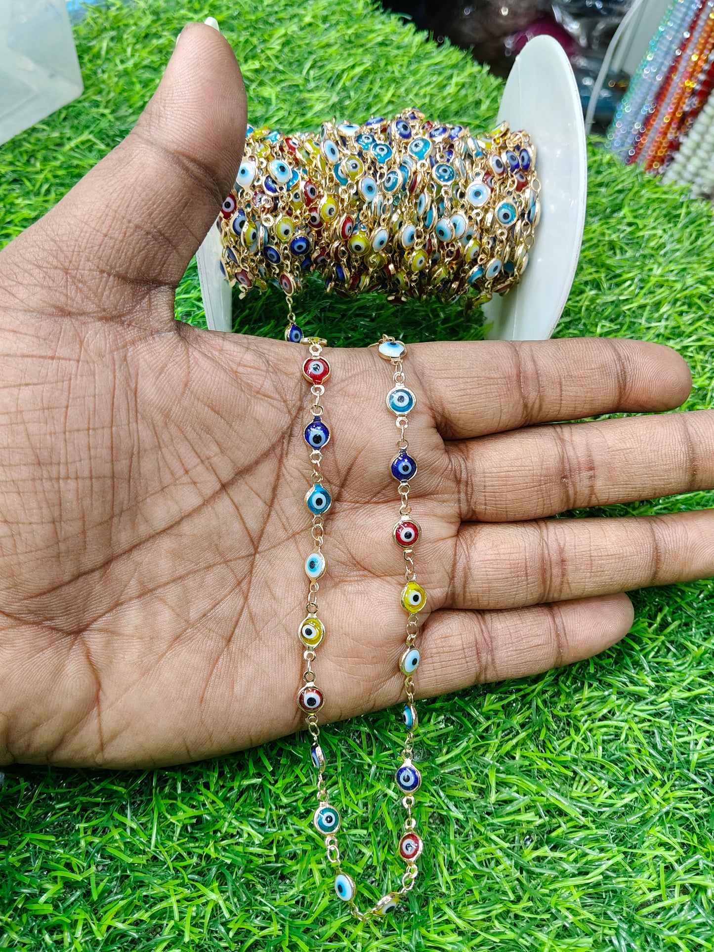 1 Meter Copper Base | Anti-Tarnish Closely Spaced Multi-Color Enamel Evil Eye Chain