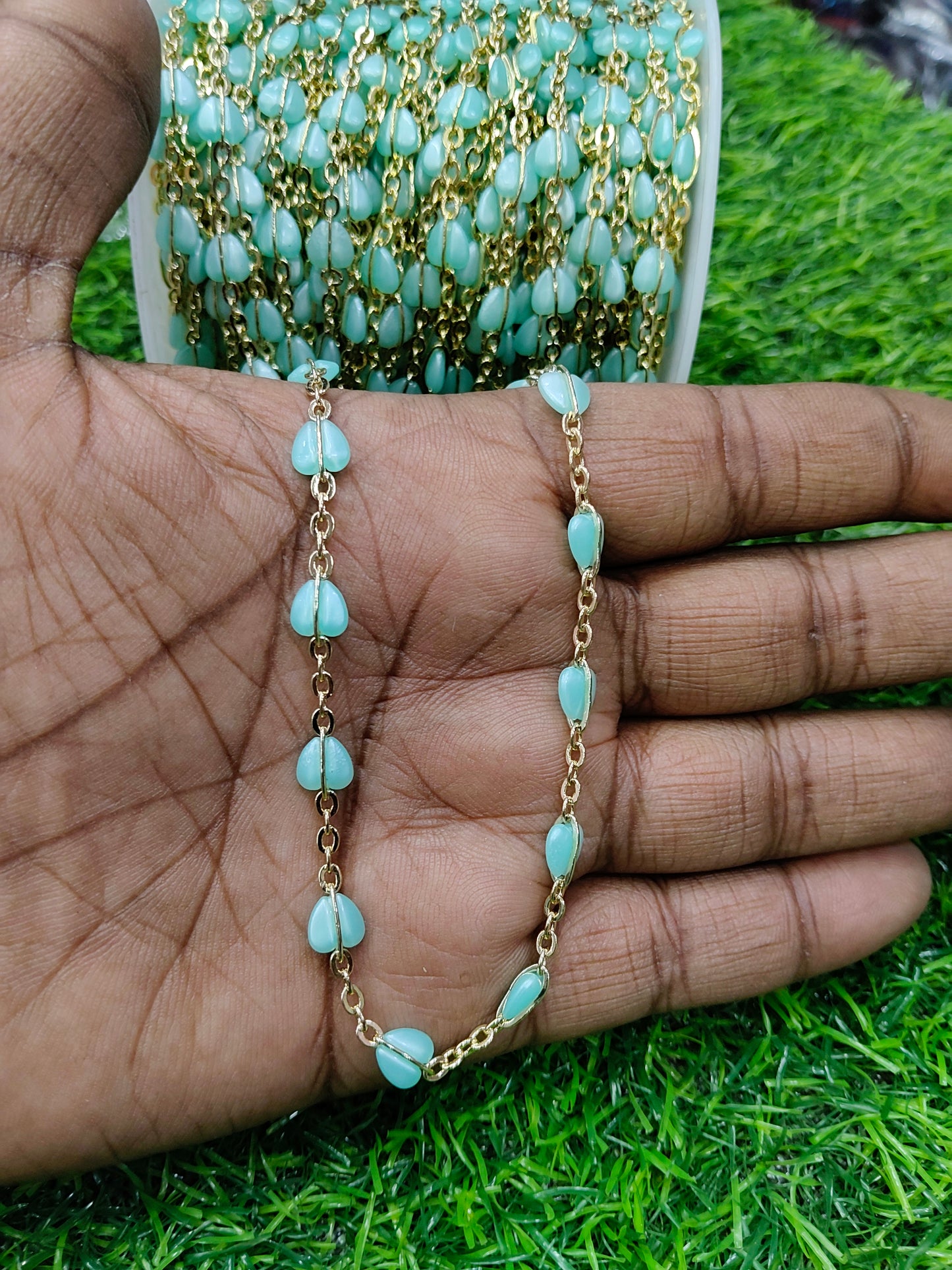 1 Meter Copper Base Anti-Tarnish Aqua Heart Stone/Bead Chain for Jewelry Making