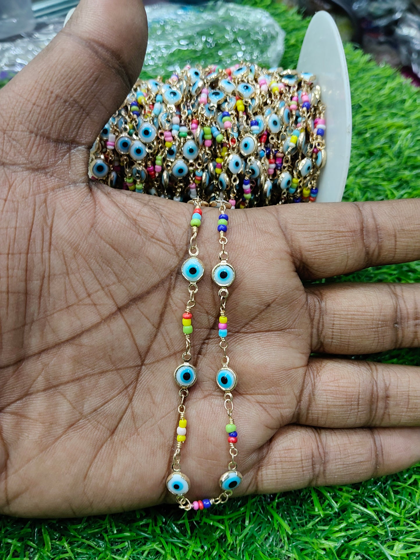 1 Meter Copper Base Anti-Tarnish Greek Eye and Rainbow Seed Bead Jewelry Chain