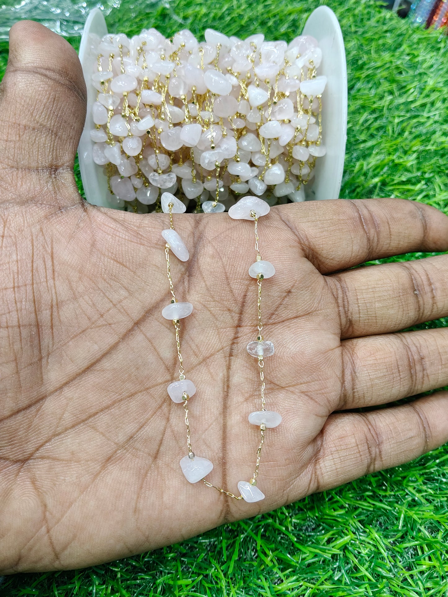 Anti-Tarnish Rose Quartz Chip Copper Chain - Gold Tone (1 Meter)