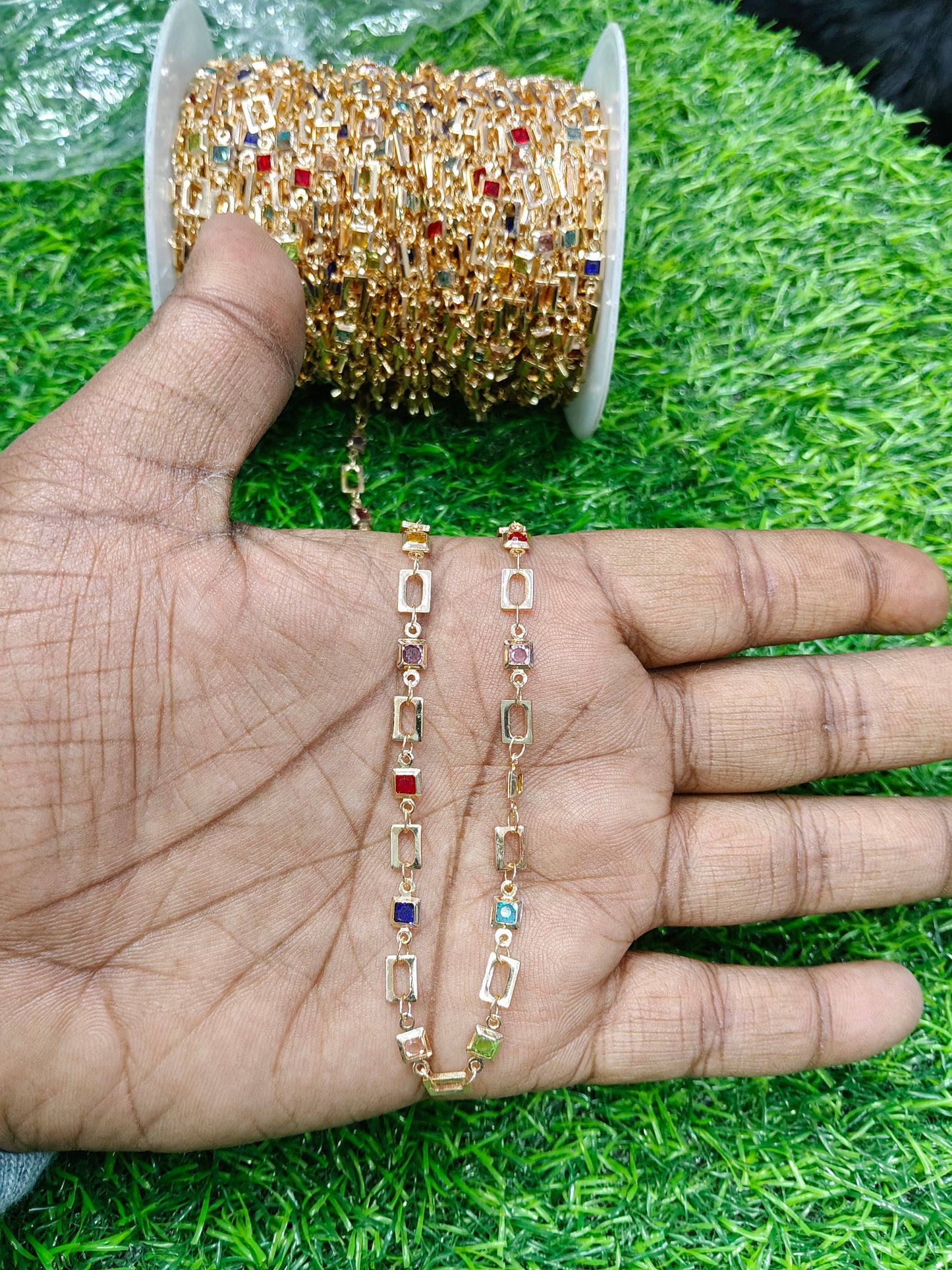 Anti-Tarnish Rectangular Link Copper Chain - Multi-Color CZ (1 Meter)