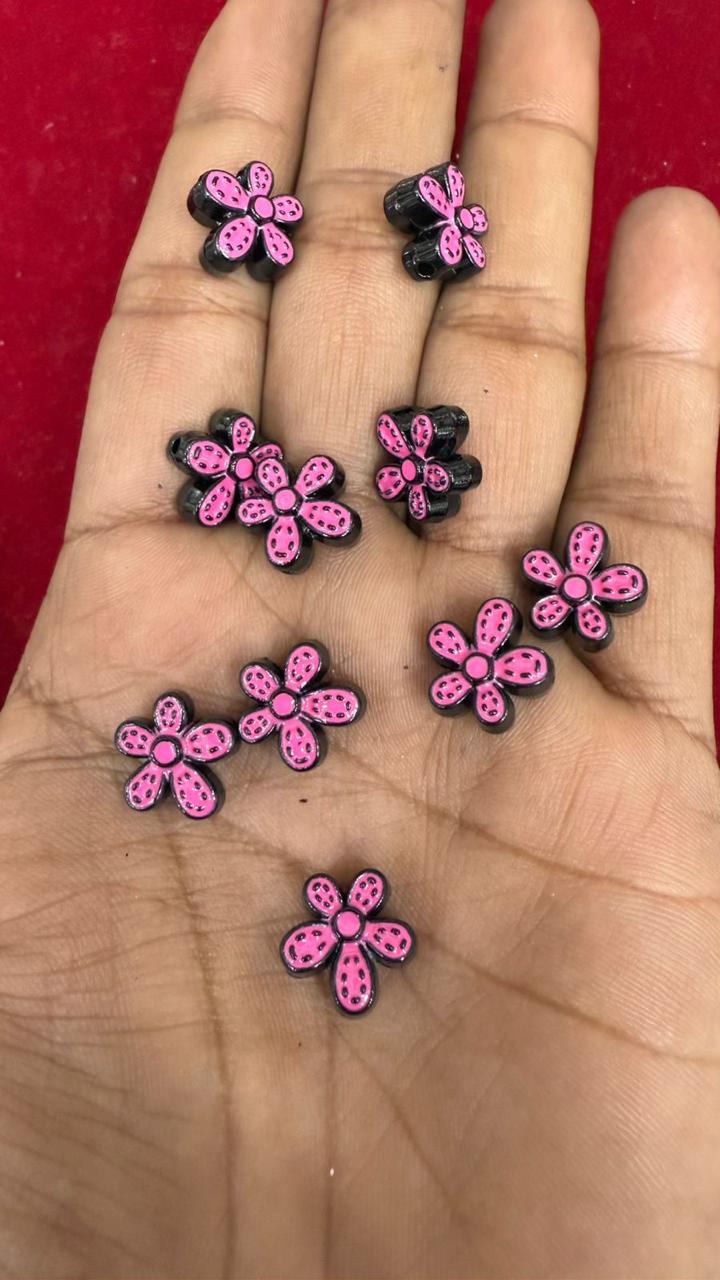 Black & Hot Pink Flower Resin Cabochons (Pack of 10)