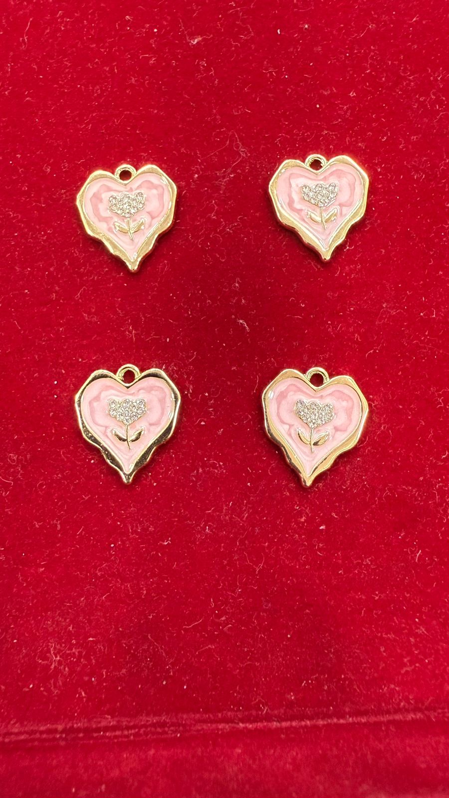 Anti Tarnish Pink & Gold Enamel Heart Charms with Flower Detail (Pack of 10)