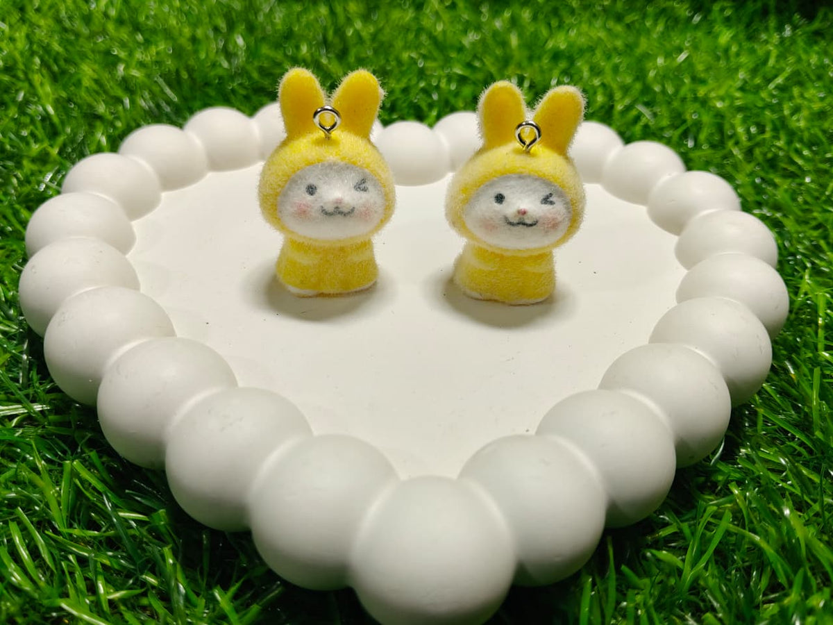 Flocked Velvet Bunny Keychains in Yellow Hoods | Soft Fuzzy Rabbit Pendant Charms 1 pec