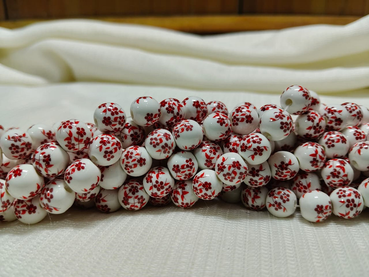 Printed Ceramic Beads Single String | White Round Floral Design Beads for Jewellery Making