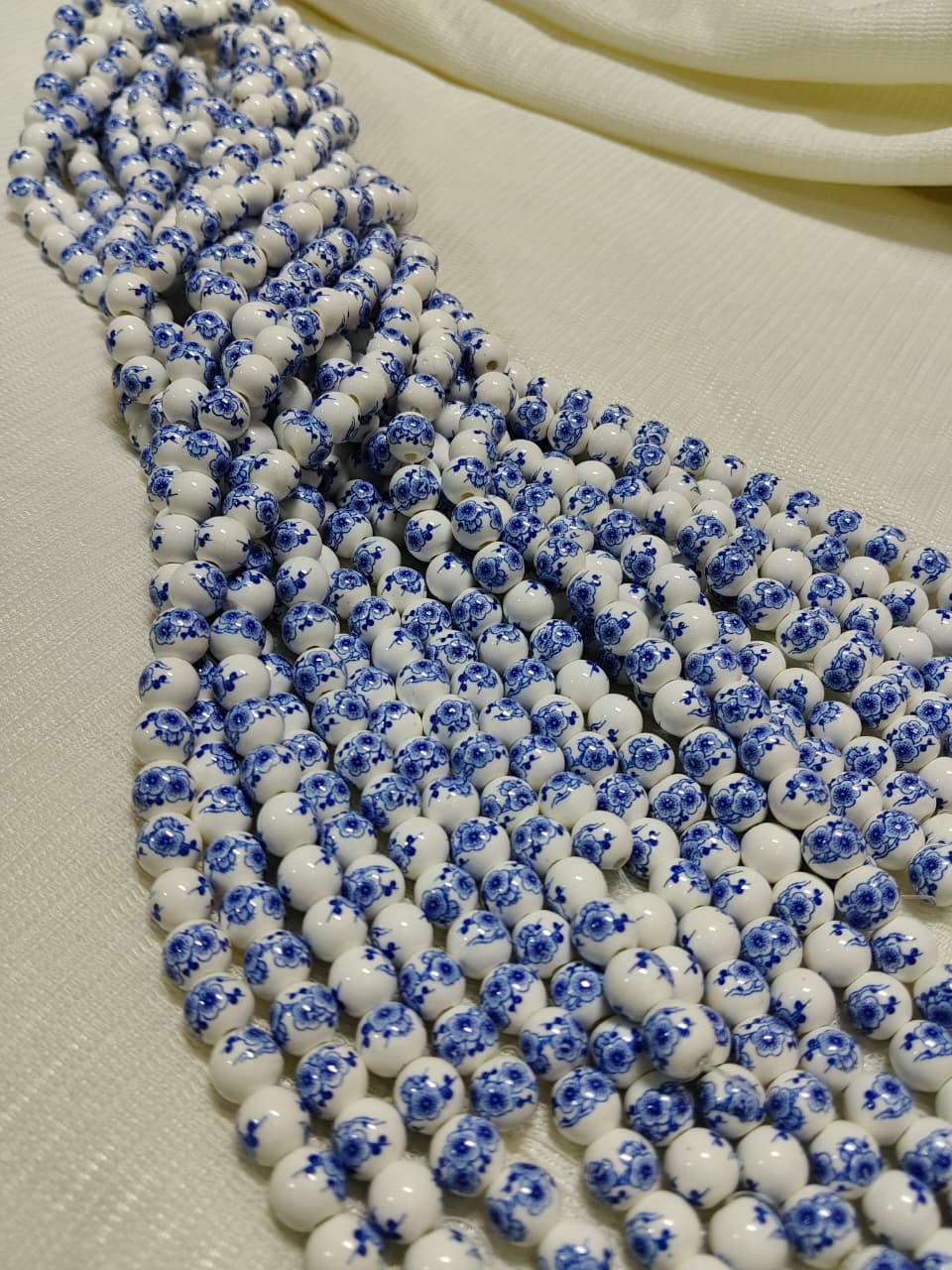 Printed Ceramic Beads Single String | White Round Floral Design Beads for Jewellery Making