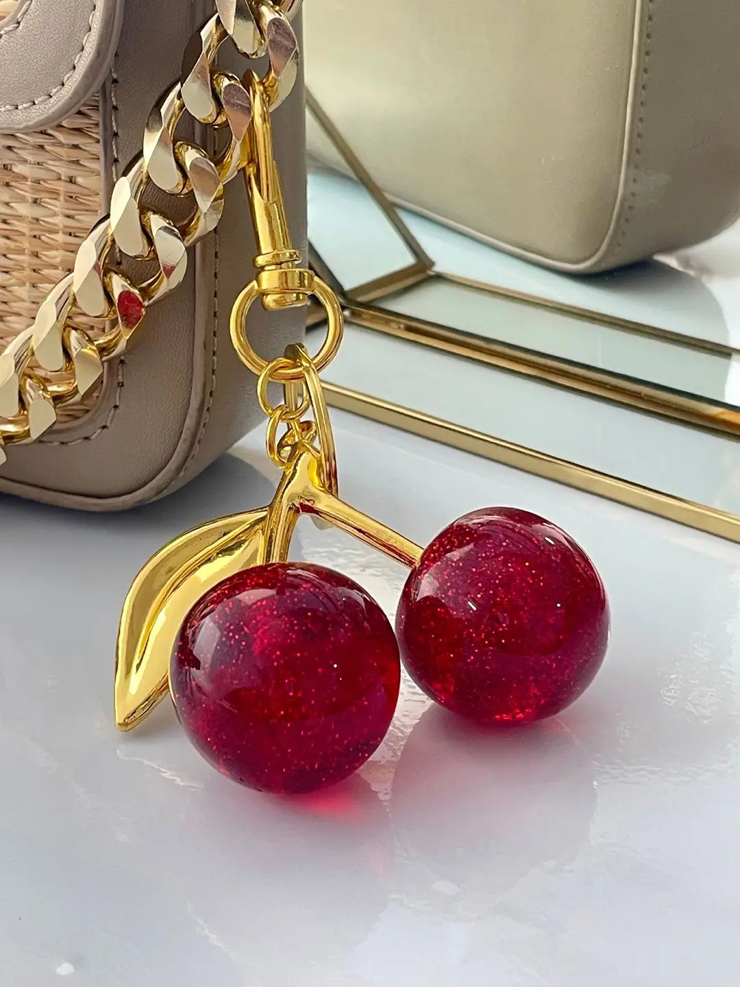 Vintage-Inspired Sparkling Cherry Brooch – Red Glitter Resin with Gold-Tone Leaf