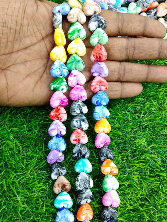 2 Strings of 20PC Assorted Color Heart Shaped Craft Beads | Vibrant Marbled Plastic Charms