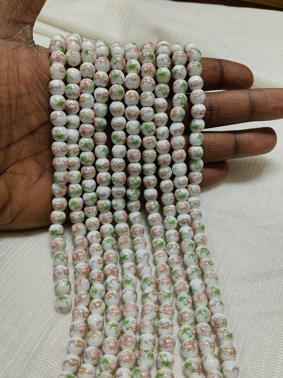 Printed Ceramic Beads Single String | White Round Pink Floral Design Beads for Jewellery Making
