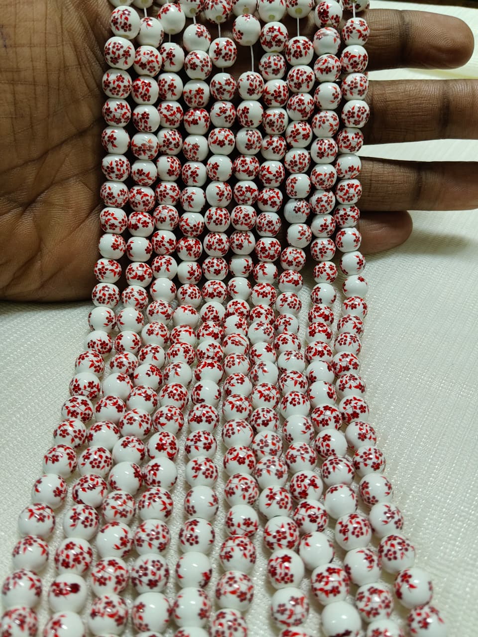 Printed Ceramic Beads Single String | White Round Floral Design Beads for Jewellery Making