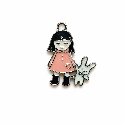 Pink Dress Girl Charms | Bunny Charms | Enamel Charms