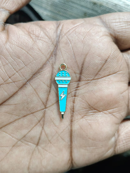 NAGNESHI Blue Microphone Charm Set – Bright Teal & Gold Enamel Mic Pendants – Retro Music Accessories for Jewelry Making, Earring Dangles, and Karaoke Party Favors