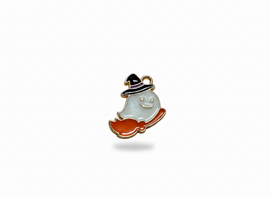 NAGNESHI Halloween Ghost Enamel Charms – Cute Spooky Spirit on Broomstick with Witch Hat – Gold-Plated DIY Charms for Jewelry Making, Earrings, and Festive Crafts