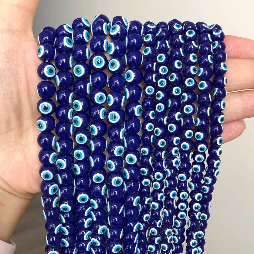 Evil Eye Glass Beads 6mm Round - White Base Blue Design, Sold Per 2 Strings Of 36cm
