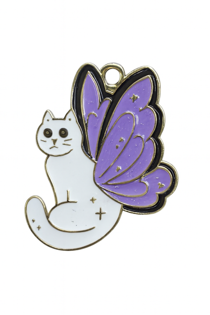 NAGNESHI White Fairy Cat Enamel Charm with Purple Butterfly Wings – Kawaii Magical Kitty Pendant for Jewelry Making – DIY Necklace, Bracelet & Keychain Supplies