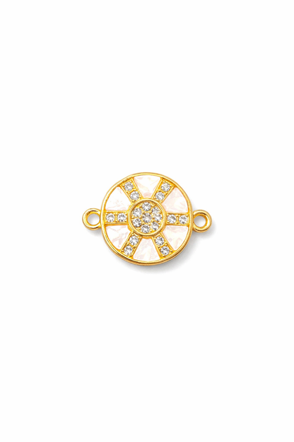 Nagneshi Round Rakhi Charm Connector with White Enamel & CZ Stones Gold Plated Floral Circle Design for Bracelet & Rakhi Making DIY Jewelry Supplies