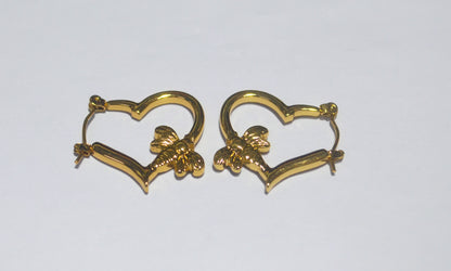 Elegant Gold Heart-Shaped Earrings with Butterfly Detailing - Anti Tarnish Earrings