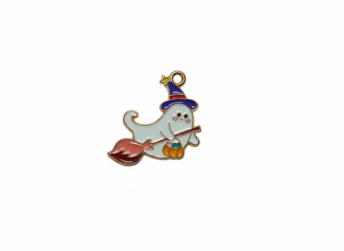 NAGNESHI Witchy Ghost on a Broomstick Enamel Charms Metal Pendant for Jewelry Making