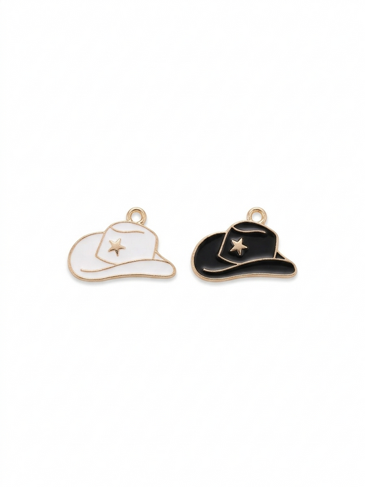 NAGNESHI Cowboy Hat Charms – Black & White Enamel Western Cowgirl Pendants with Gold Star Detail for DIY Jewelry Making, Charm Bracelets, Necklaces