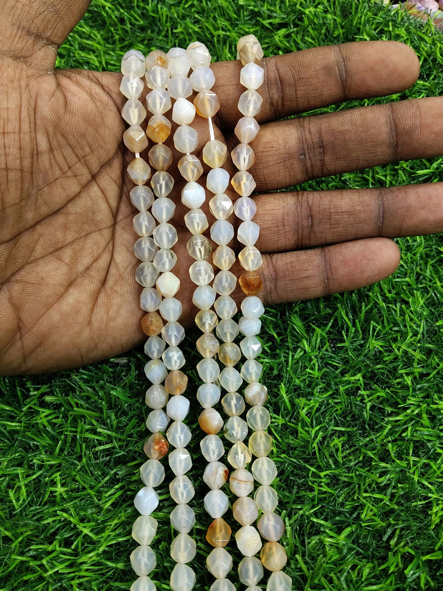 Premium 10mm Faceted Milky White & Brown Agate/Carnelian-like Gemstone Beads - Approx. 38 Pcs/String