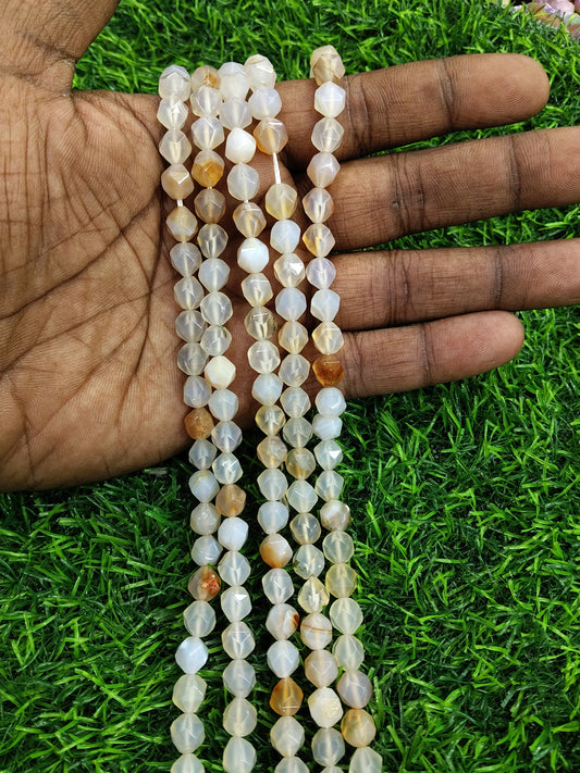 Premium 10mm Faceted Milky White & Brown Agate/Carnelian-like Gemstone Beads - Approx. 38 Pcs/String