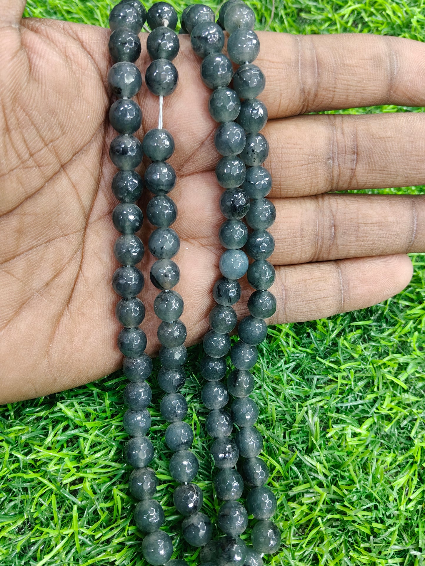 Smoky Gray-Green Faceted Onyx Beads – Dark Round Gemstone String for Men's & Women's Jewelry (Approx. 38 Pcs/String) (Copy)