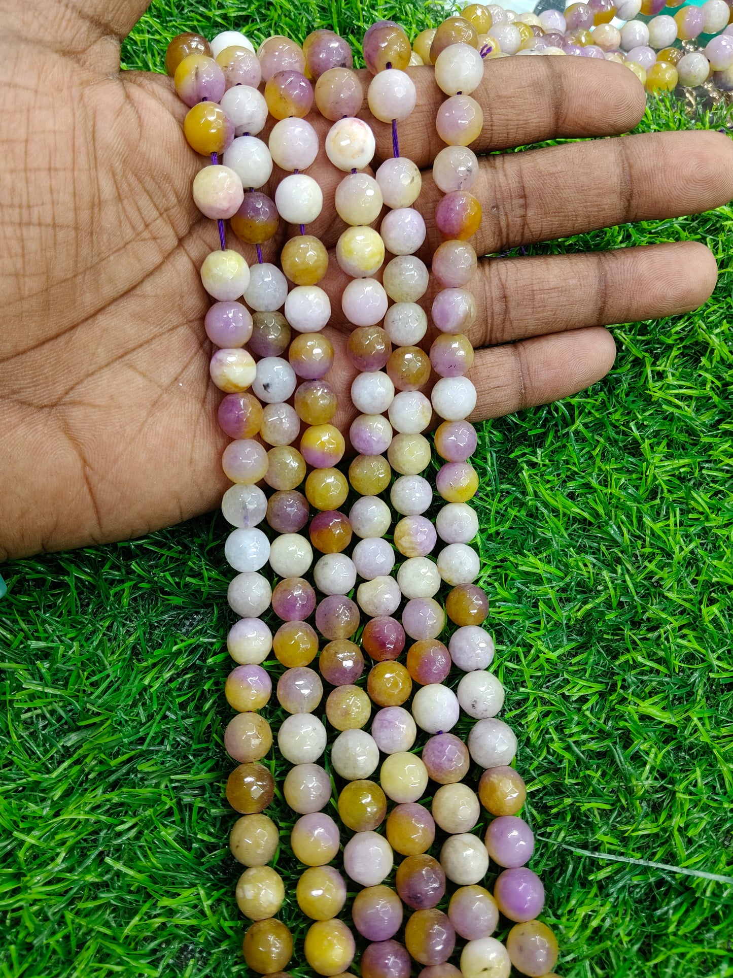 Natural Multi-Color Agate Onyx Smooth Round Beads - Plum & Mustard Mix (Approx. 38 Pcs/String)