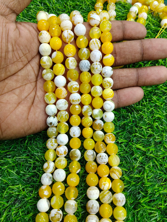 Natural Yellow and White Dragon Vein Agate Onyx Round Beads (Approx. 38 Pcs/String)