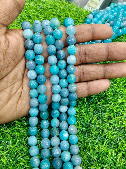 Natural Teal Blue Agate Onyx Faceted Round Beads (Approx. 38 Pcs/String)