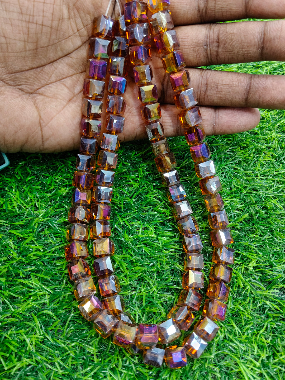Iridescent Amber Cube Glass 10 mm Beads String - Faceted AB Finish - Jewelry Making Supplies - Comes in Single String
