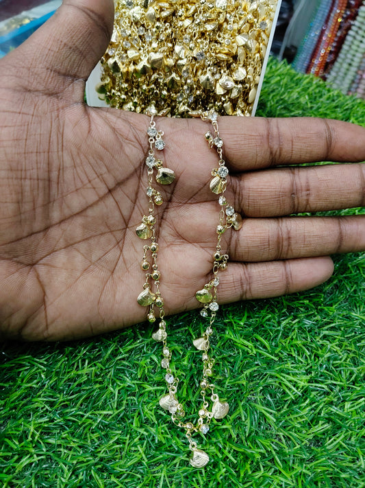 Gold-Tone Anti-Tarnish Copper Chain with Heart/Shell Charms & Rhinestones (1 Meter)