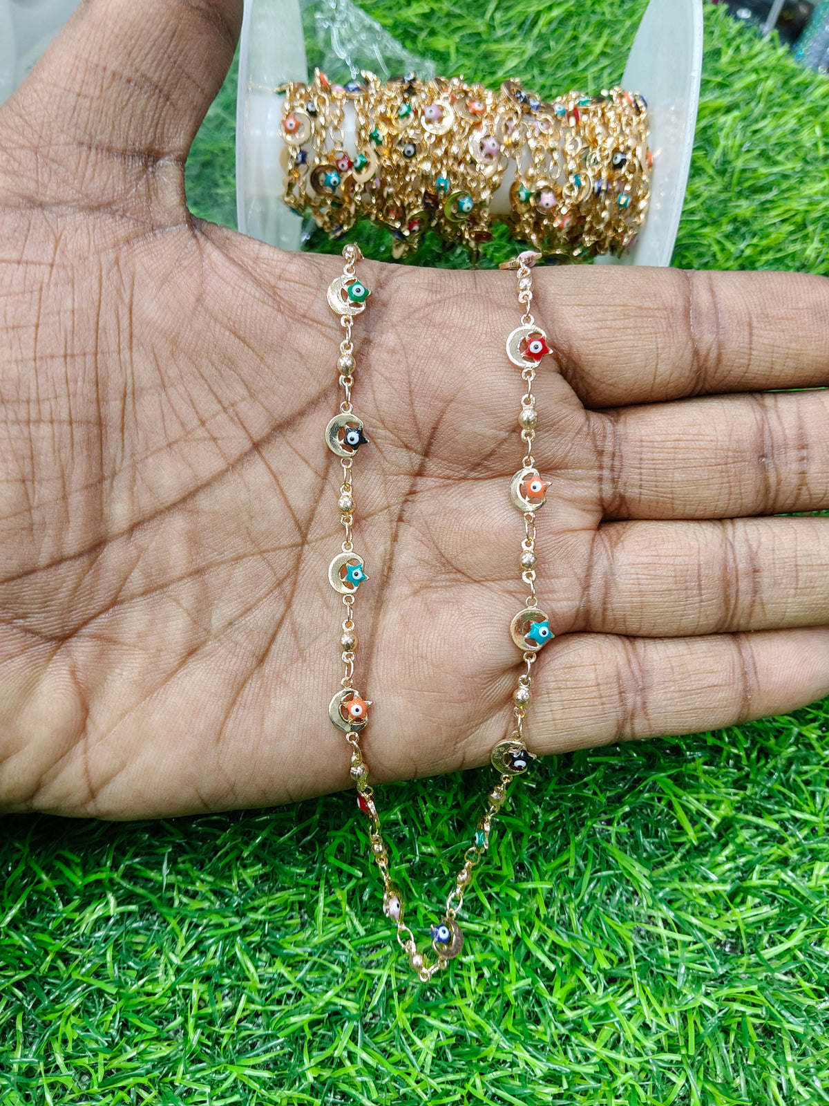 Gold-Tone Anti-Tarnish Copper Evil Eye Chain | 1 Meter Multi-Color Protection Charm Link