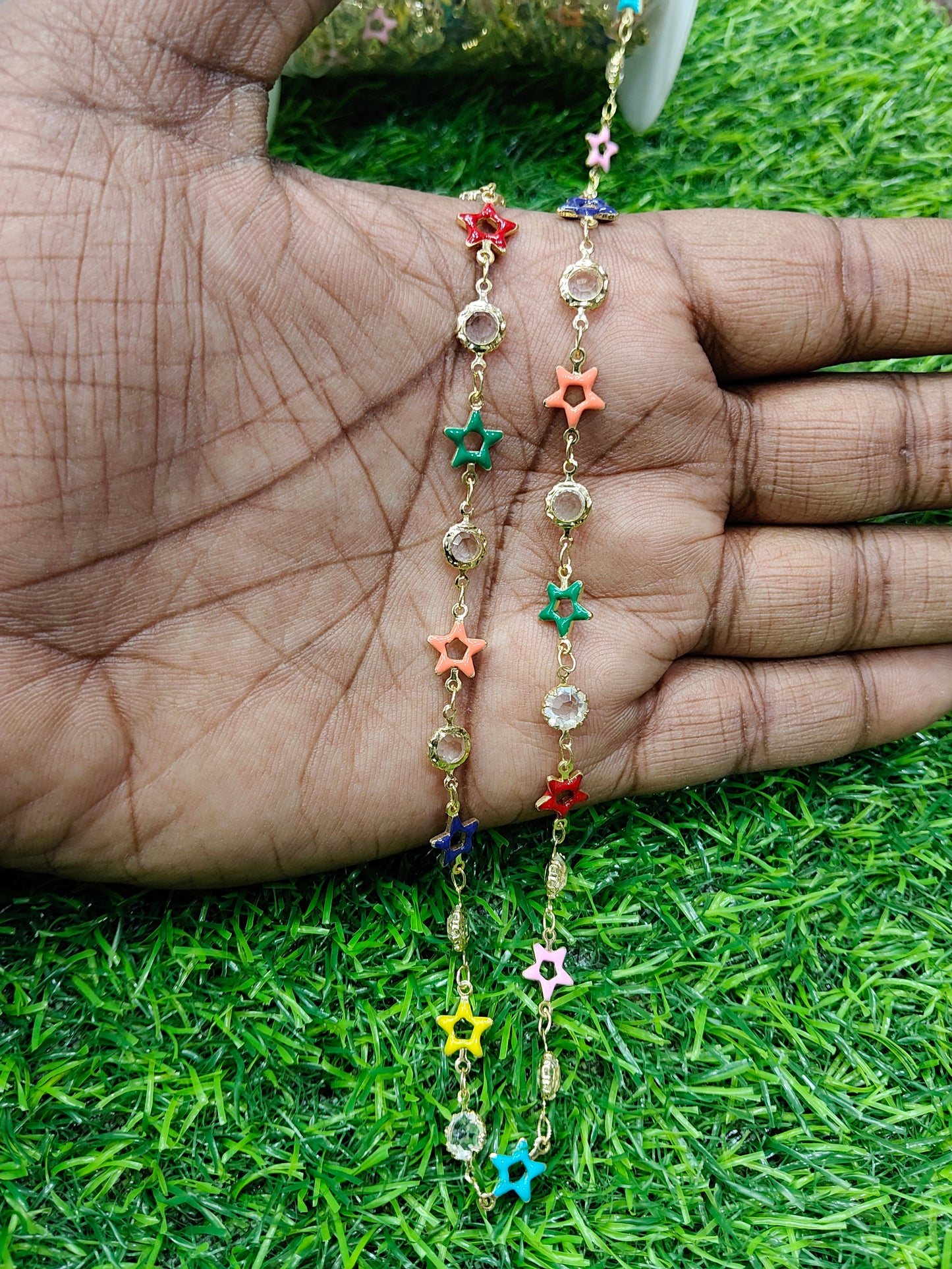 Gold-Tone Anti-Tarnish Copper Chain with Multi-Color Enamel Stars & Clear Rhinestones 1 Meter