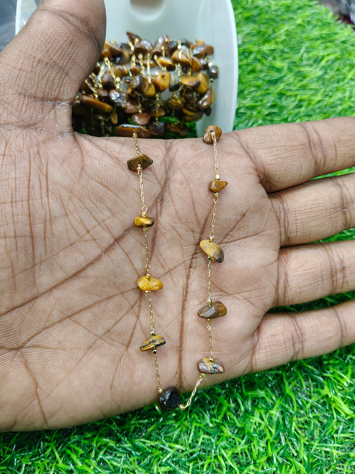 Gold-Tone Anti-Tarnish Copper Chain with Tiger's Eye Stone Chips (1 Meter)