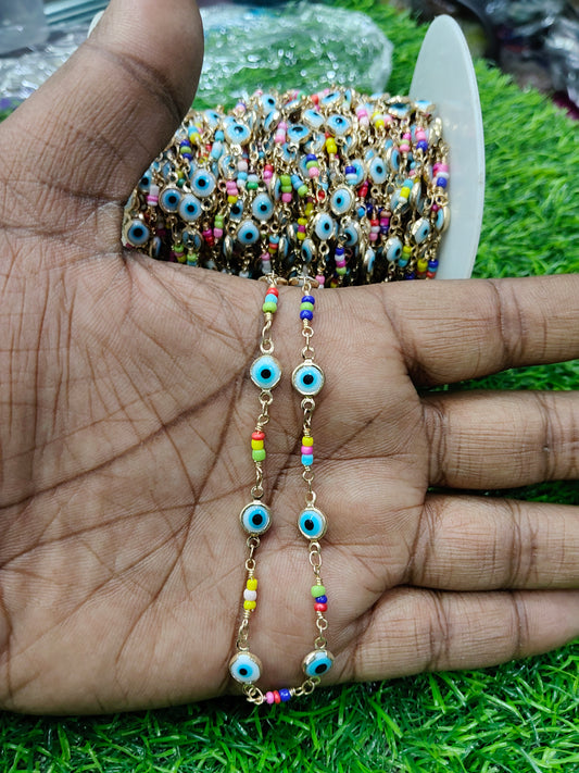 1 Meter Copper Base Anti-Tarnish Greek Eye and Rainbow Seed Bead Jewelry Chain