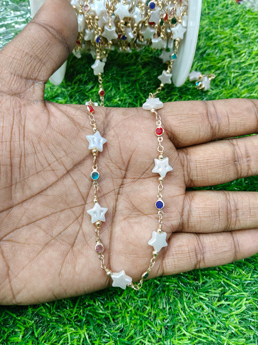 1 Meter Copper Base Anti-Tarnish Pearl Star and Crystal Stone Beaded Chain