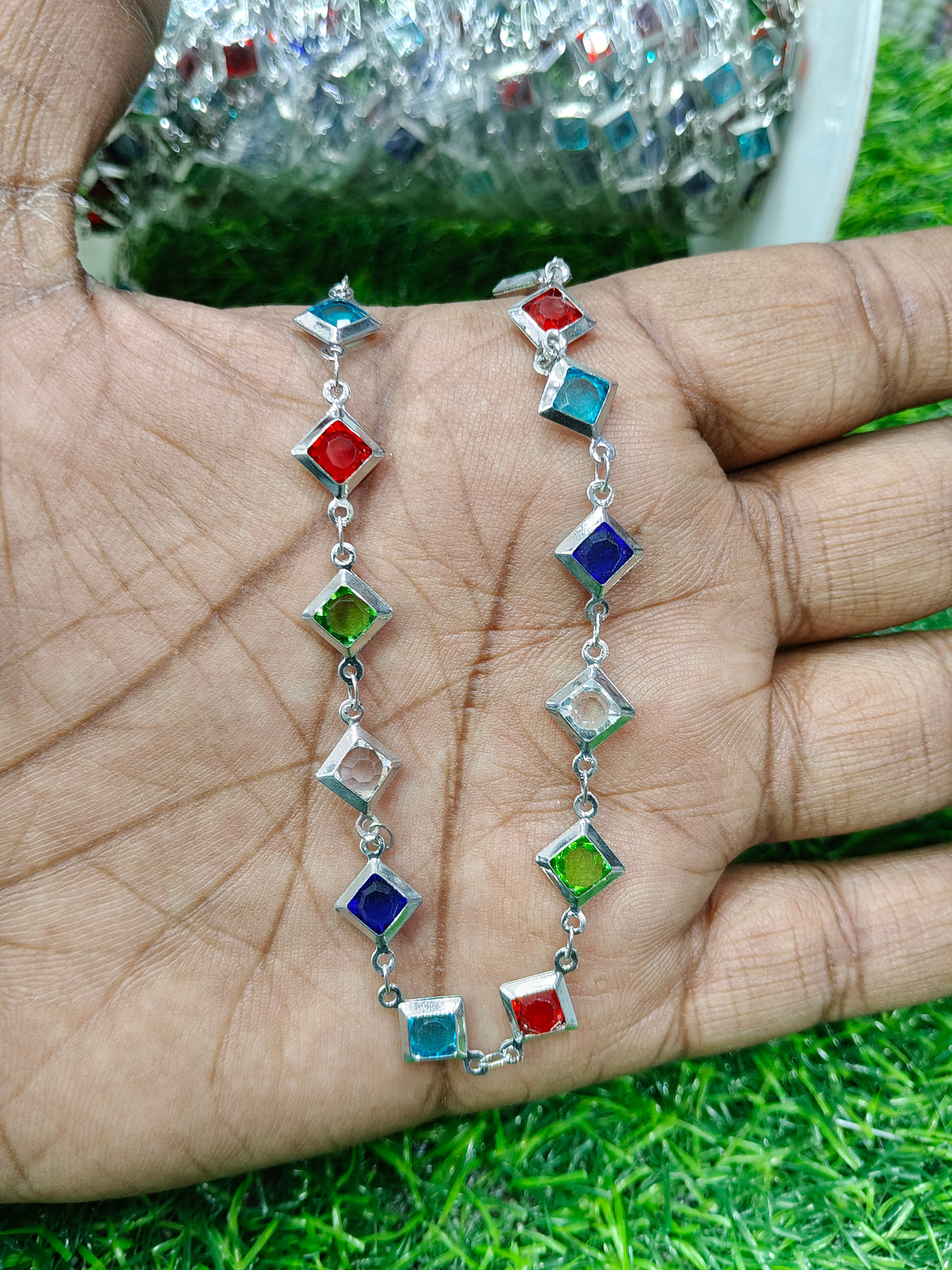 Anti-Tarnish Rhombus Stone Copper Chain - Multi-Color Silver Tone (1 Meter)