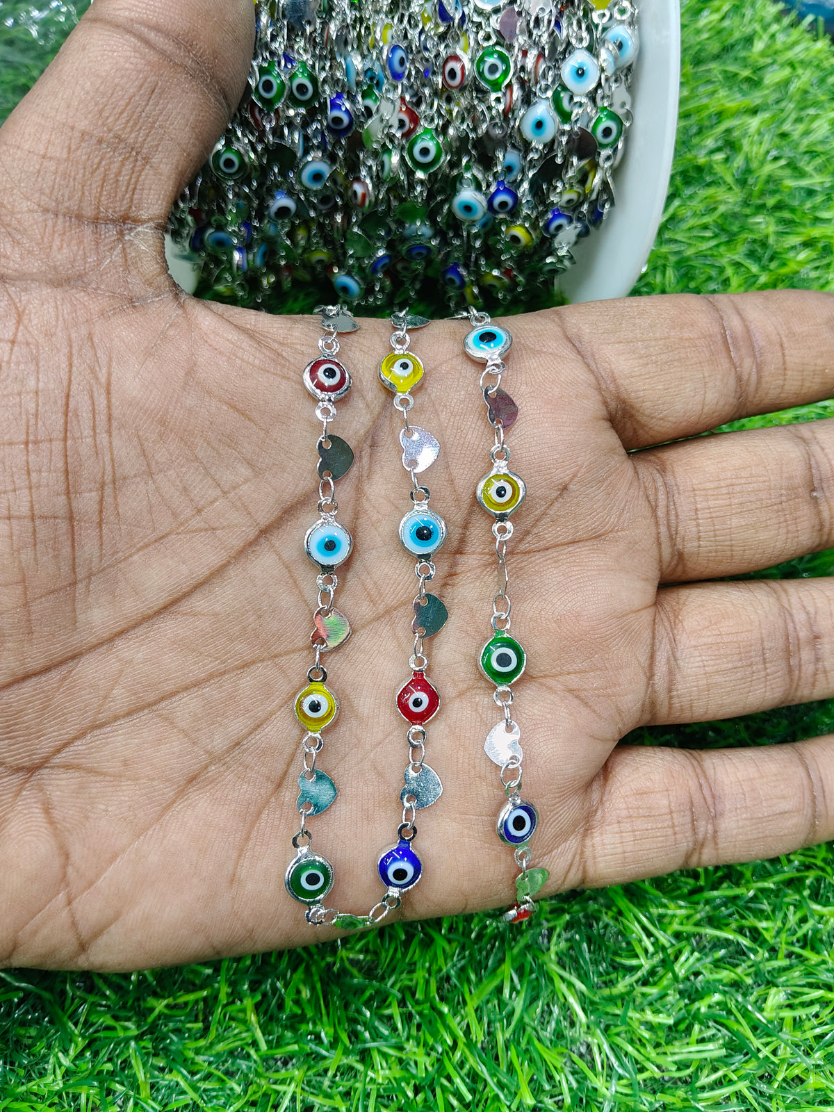 Anti-Tarnish Evil Eye & Heart Copper Chain - Silver Tone (1 Meter)