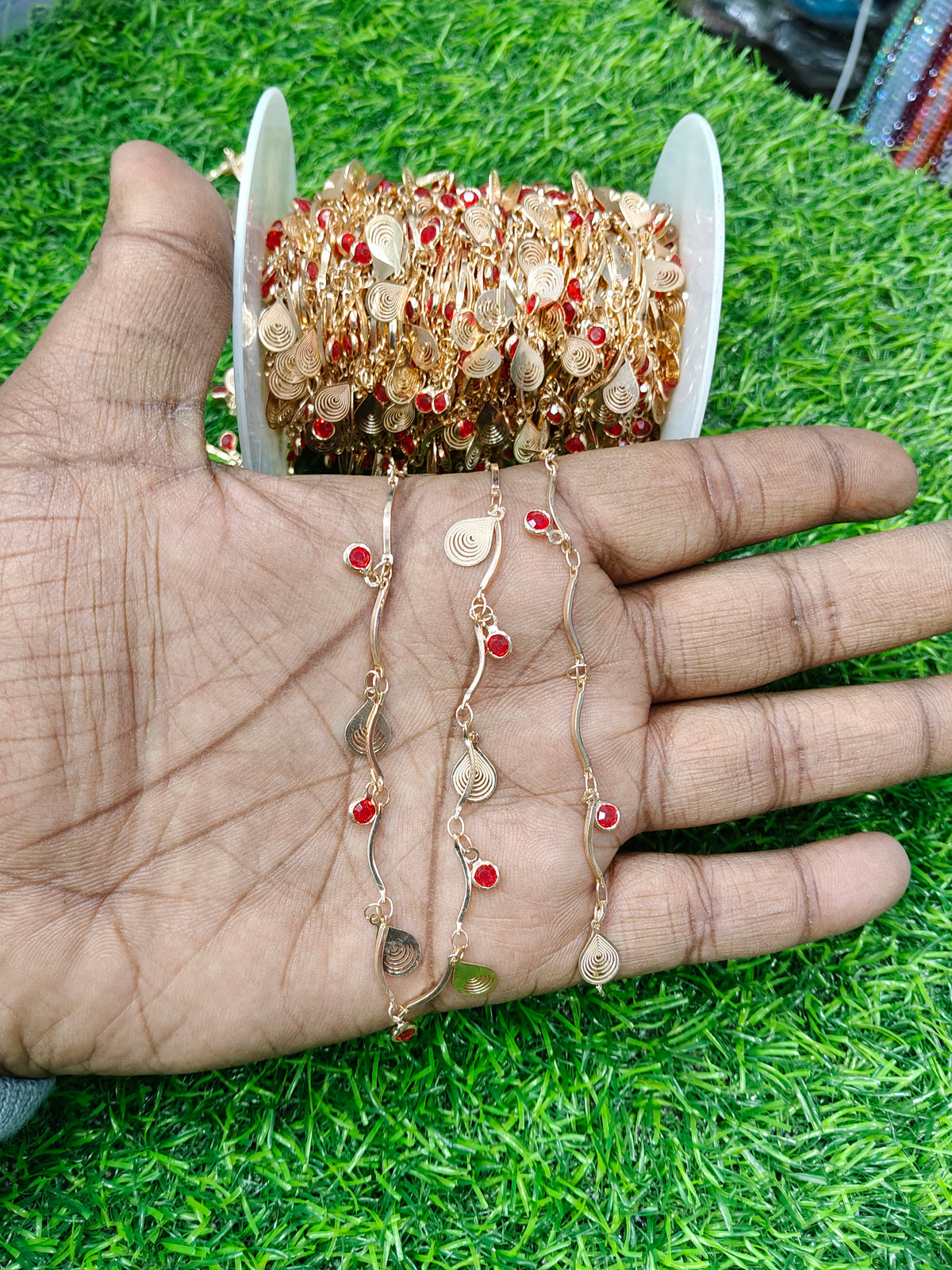 Anti-Tarnish Wave Link & Red Stone Copper Chain (1 Meter)