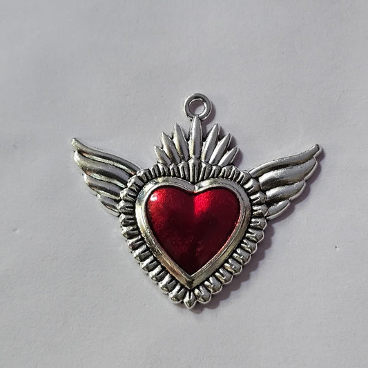 Enamel Sacred Heart with Crown Charm - Red & Silver Tone (Pack of 5)