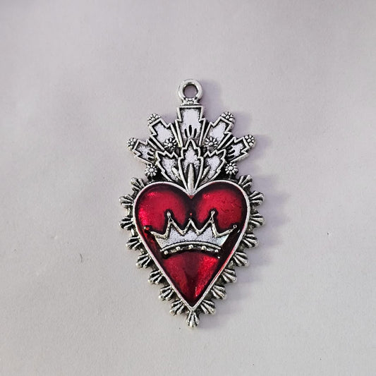 Enamel Sacred Heart with Crown Charm - Red & Silver Tone (Pack of 5)