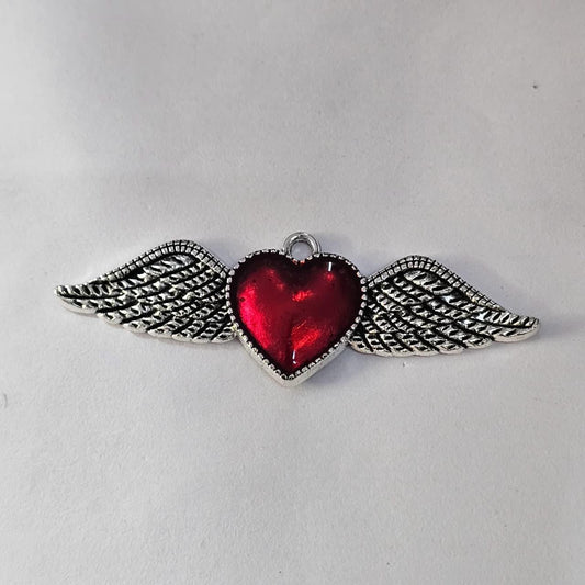 Enamel Sacred Heart with Wings Charm - Red & Silver Tone (Pack of 5)