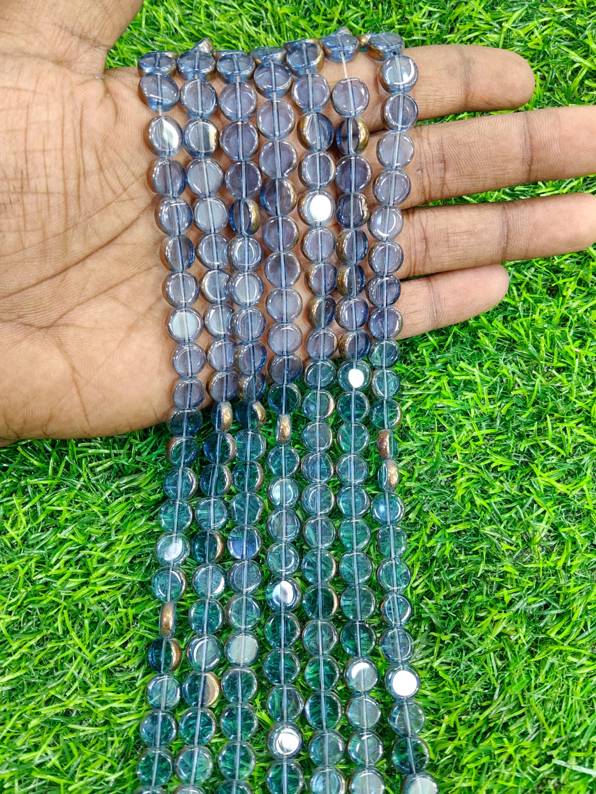 Translucent Teal Blue/Gray Rondelle Beads - Polished Coin Shape Single Strand